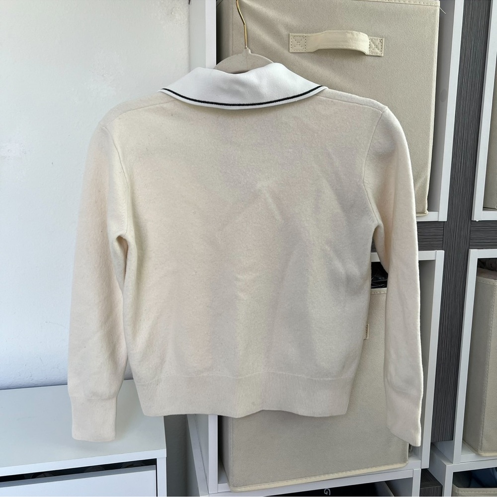 Sandro Alizia V Neck Collared Wool & Cashmere Sweater in Cream and White - Picture 5 of 10